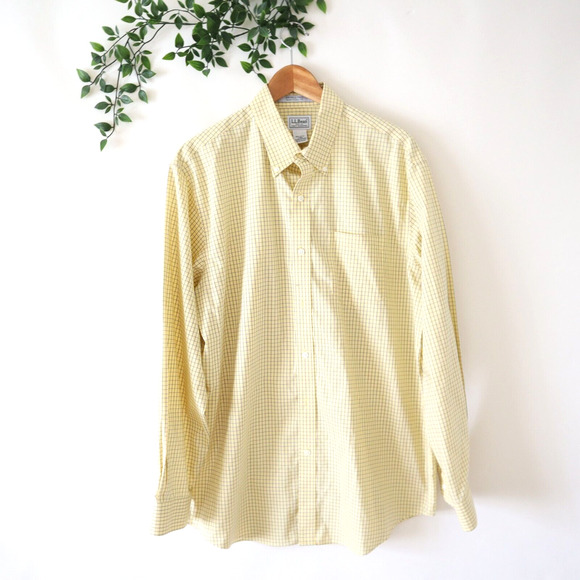 L.L. Bean Men's Wrinkle Free Yellow Blue Check Traditional Fit Button Shirt L - Picture 1 of 4